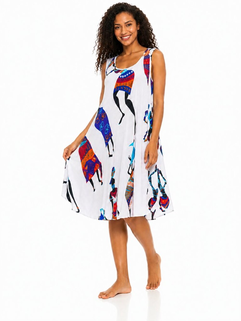 Women’s White African Print Sleeveless Swing Dress 100% Cotton One Size Fit All